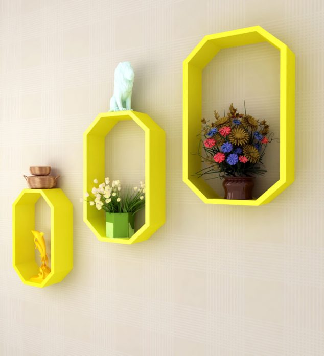 17 Awesome Wall Mounted Shelves That are Synonyms For BEAUTY home sparkle yellow octagon wall shelves home sparkle yellow octagon wall shelves dtuhbi 634x697 17 Awesome Wall Mounted Shelves That are Synonyms For BEAUTY