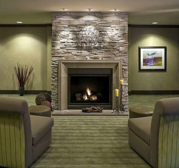 living room design ideas stone wall of fireplace 1 15 Artistic Stacked Stone Wall to Catch Your Attention