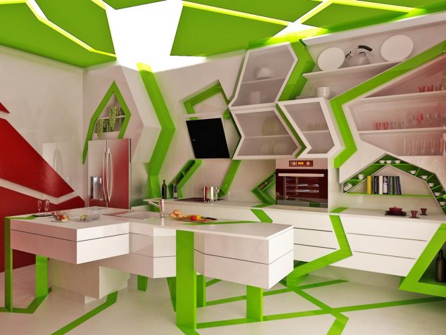 15 Elegant Minimalist Kitchen Design That Are Too Good to be Real yarkiy i dinamichnyy interer v stile kubizm 634x476 15 Elegant Minimalist Kitchen Design That Are Too Good to be Real