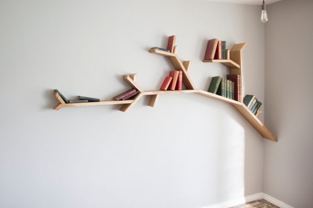 corner bookshelf branch designs oak wood furniture 634x423 Cool and Modern Tree Shaped Bookshelves You Must See Today