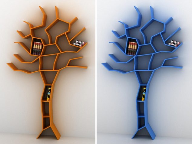 wonderful modern and colorful tree shaped bookshelves desin in orange and blue colors on the white wall 634x476 Cool and Modern Tree Shaped Bookshelves You Must See Today