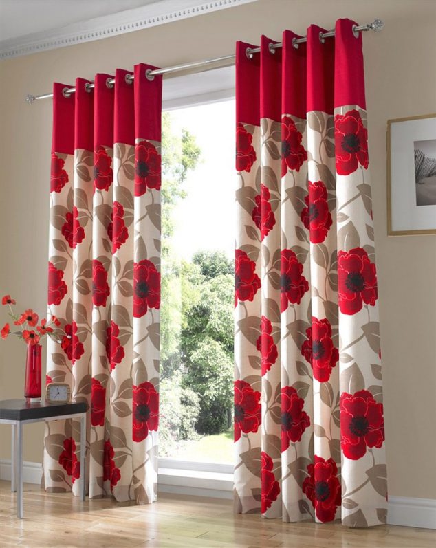 12 Floral Curtains to Fascinate You Astonishing and awesome simple pattern curtains design ideas with cool red flowers in the modern living room 634x797 12 Floral Curtains to Fascinate You