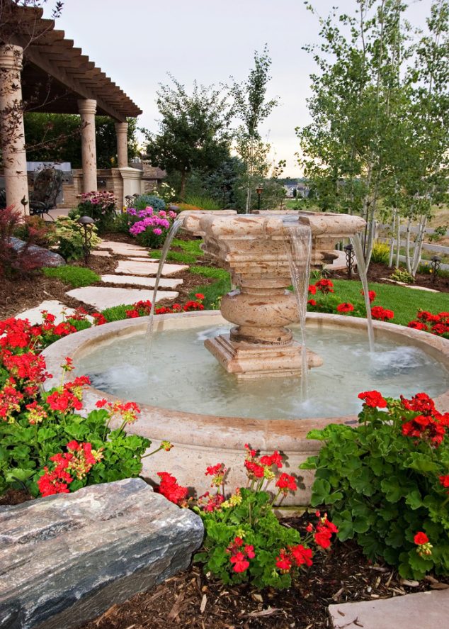 Sumptuous tabletop water fountains in Landscape Mediterranean with Sloped Front Yard Ideas next to Front Yard alongside Rock And Mulch Front Yard Landscaping andSmall Yard Pool Design  634x887 15 Dream Front Yard Landscaping to Amaze You