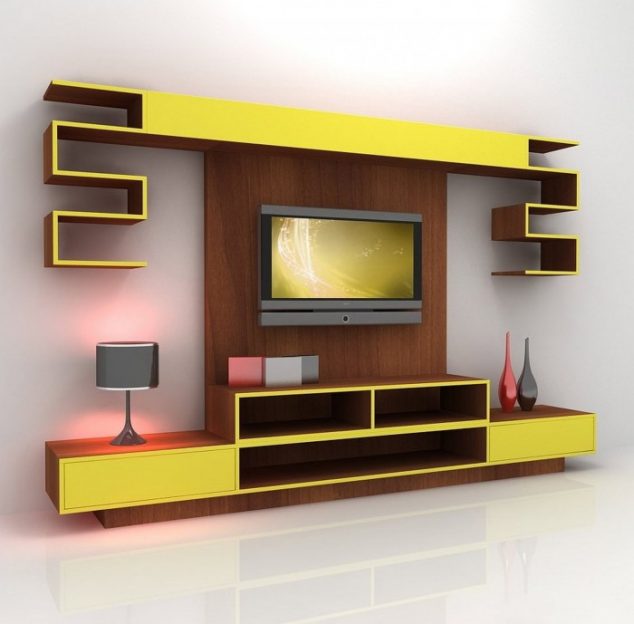 contemporary yellow mixed brown tv unit 634x624 15 Amazing TV Units that Demonstrate Stylish Trends