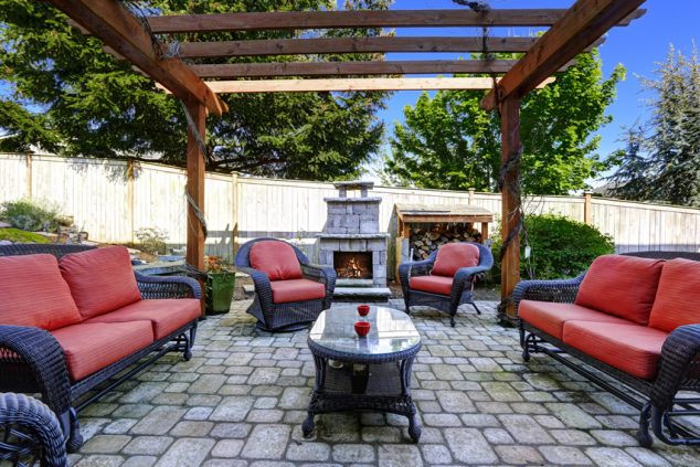 patio with outdoor seating fireplace pergola 634x423 15 Adorable Backyard Seating Areas to Turn Yard Into Peaceful Retreat