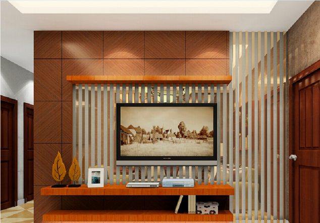 3D design TV wall with walnut wood 634x442 15 Stunning TV Panel Designs to Delight You