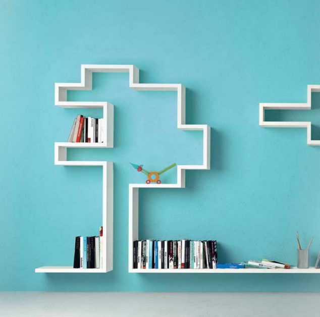 Modern Bookshelves That Will Drive You Crazy architecture gorgeous blue painted wall decor white floating wall shelf modern bookshelves inspiration amusing kids room wall decor teens bedroom decorating create elegant appearance at 634x628 Modern Bookshelves That Will Drive You Crazy