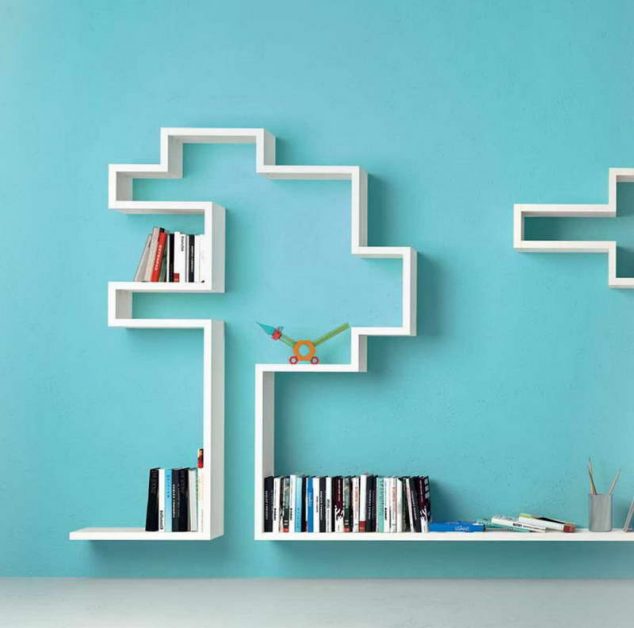 architecture gorgeous blue painted wall decor white floating wall shelf modern bookshelves inspiration amusing kids room wall decor teens bedroom decorating create elegant appearance at 634x628 Modern Bookshelves That Will Drive You Crazy