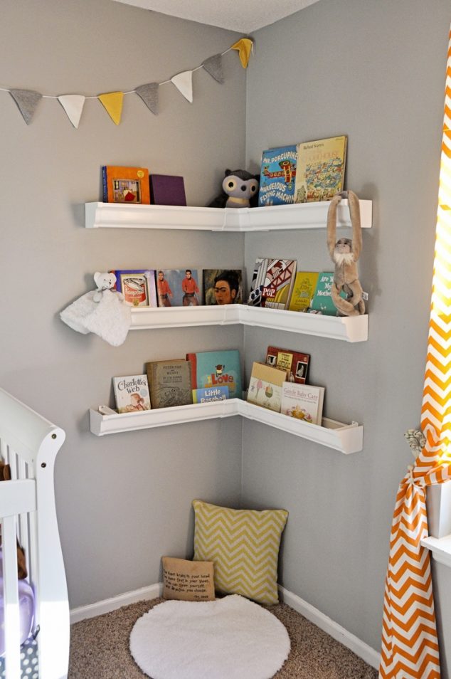 15 Impressive Corner Wall Shelves grey nursery decor floating corner shelves 634x954 15 Impressive Corner Wall Shelves