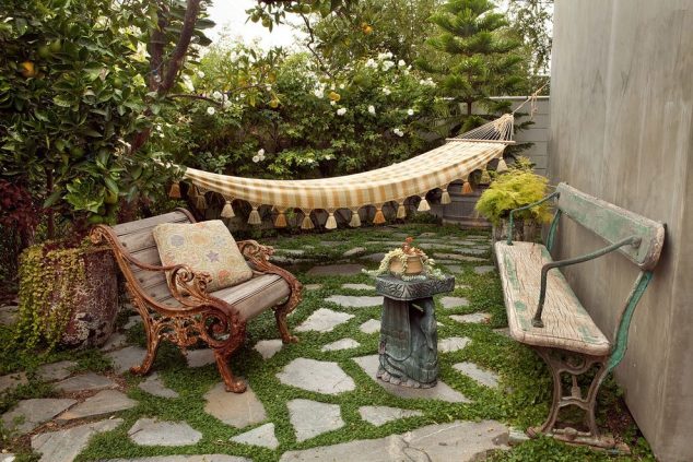 hanging patio hammock patio eclectic with outdoor seating themed statues and sculptures 634x423 17 Backyard Hammock Ideas Adding Cozy Accent to Outdoor Place
