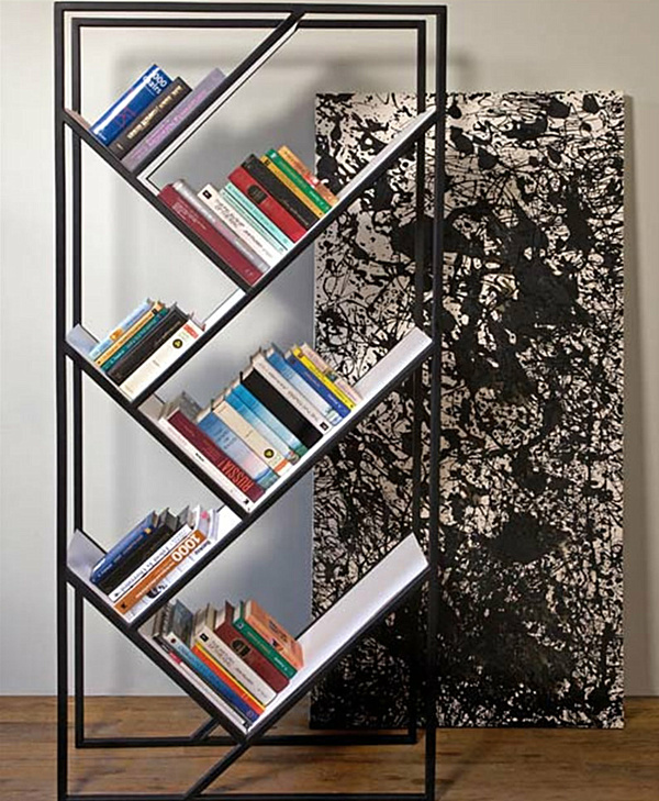 modern freestanding bookshelf with slanted shelves.png Modern Bookshelves That Will Drive You Crazy