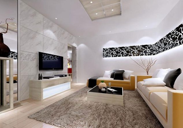 Awesome Living Room Idea That Will Make Your Fantasy Reality modern living room designs wool carpet bed sofa wooden table with glass cushions table lamp ceiling lights frame vase curtain window 634x445 Awesome Living Room Idea That Will Make Your Fantasy Reality