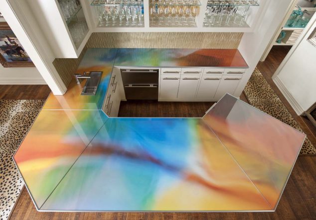 Interesting design kitchen with rainbow glass countertop with white color wooden kitchen cabinets 634x442 15 Impressive Kitchen Colored Counter top to Inspire You