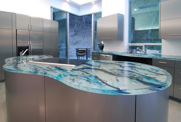 glass countertop idea 634x426 15 Impressive Kitchen Colored Counter top to Inspire You