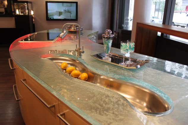 modern countertops unusual material kitchen glass 4 634x423 15 Impressive Kitchen Colored Counter top to Inspire You