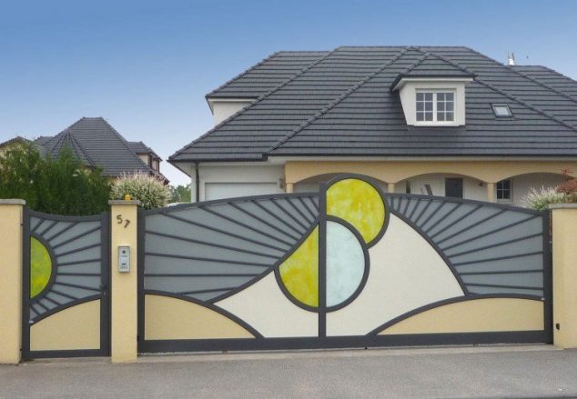 17 Mind Boggling Gate Ideas You Must See portail de jardin moderne porte aluminium design couleur gris jaune 634x439 17 Mind Boggling Gate Ideas You Must See