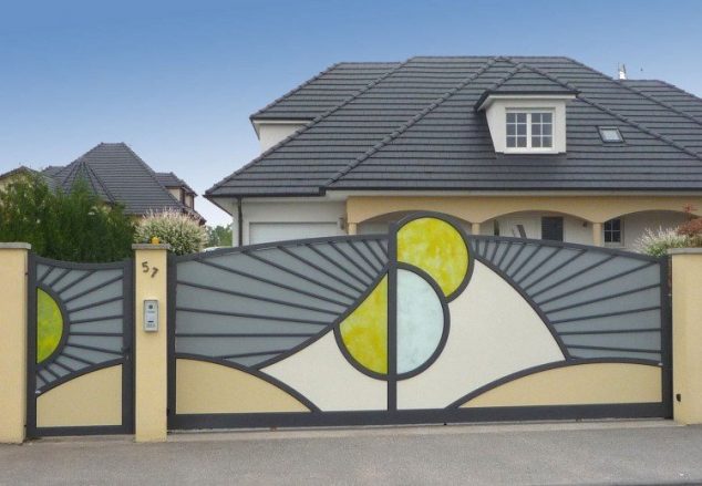 portail de jardin moderne porte aluminium design couleur gris jaune 634x439 17 Mind Boggling Gate Ideas You Must See