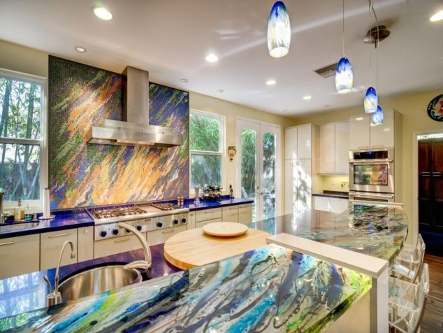 15 Impressive Kitchen Colored Counter top to Inspire You silestone quartz countertops onyx countertop using blue glass pendant lamps for funky kitchen decor 96601f7064509d7e 634x476 15 Impressive Kitchen Colored Counter top to Inspire You