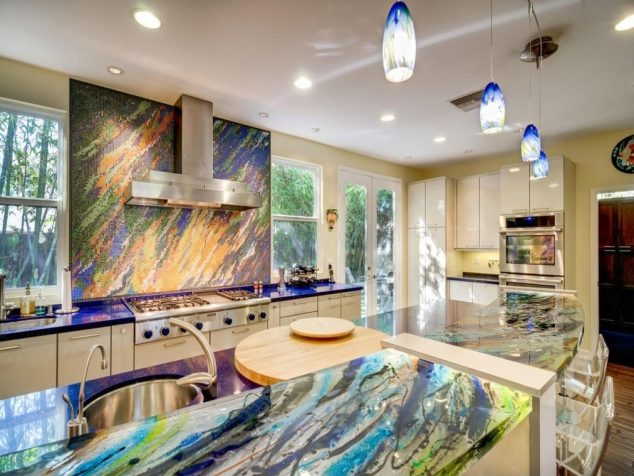 silestone quartz countertops onyx countertop using blue glass pendant lamps for funky kitchen decor 96601f7064509d7e 634x476 15 Impressive Kitchen Colored Counter top to Inspire You